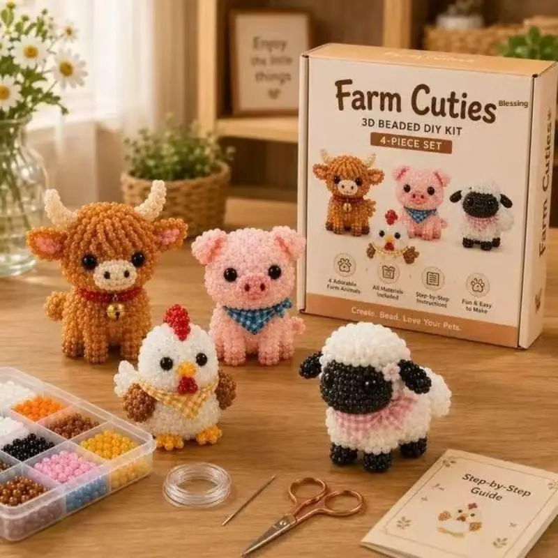 

[YU]Tiny 3D Beaded Animal DIY Kit, Easy DIY Beading Embroidery Kit With 4 Cute Designs, 3D Animal Themed Beadwork Kit