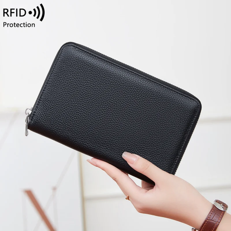 Western RFID Blocking Lychee Grain Passport Bag Cowhide Leather Women Wallet Large Capacity Long Purse for Mens