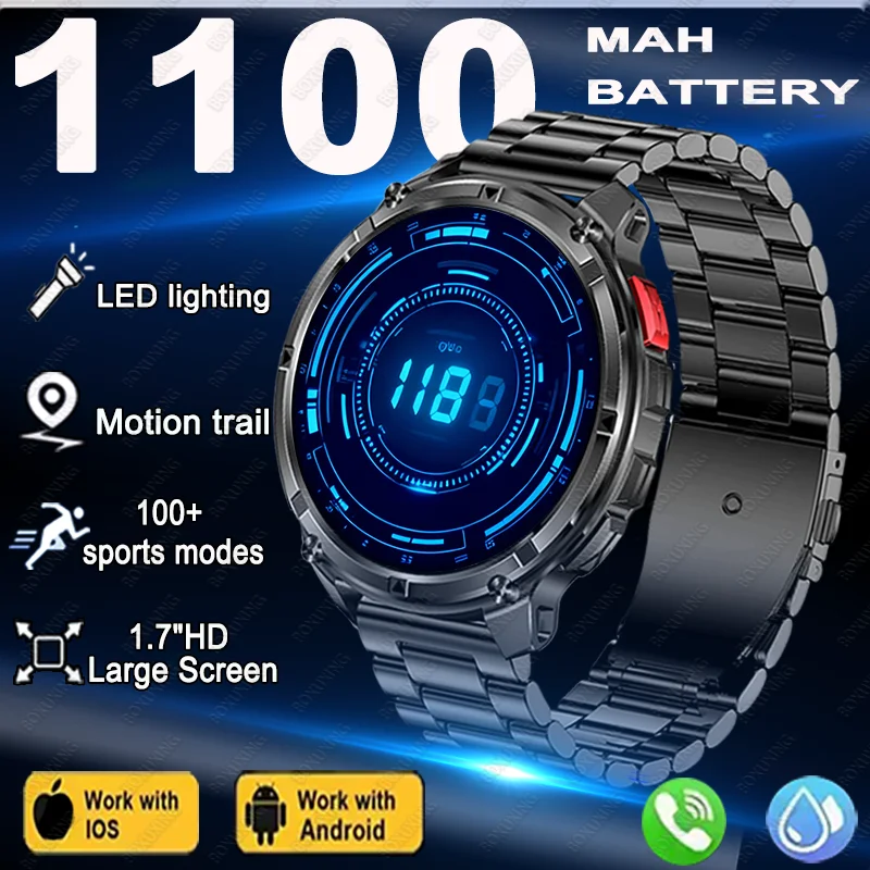 

Смарт-часы для занятий спортом на открытом воздухе, мужские HD-экраны, 1100 мАч, большая батарея, длительное время ожидания, Bluetooth-вызов, спортивные часы, водонепроницаемые, новинка 2026 года