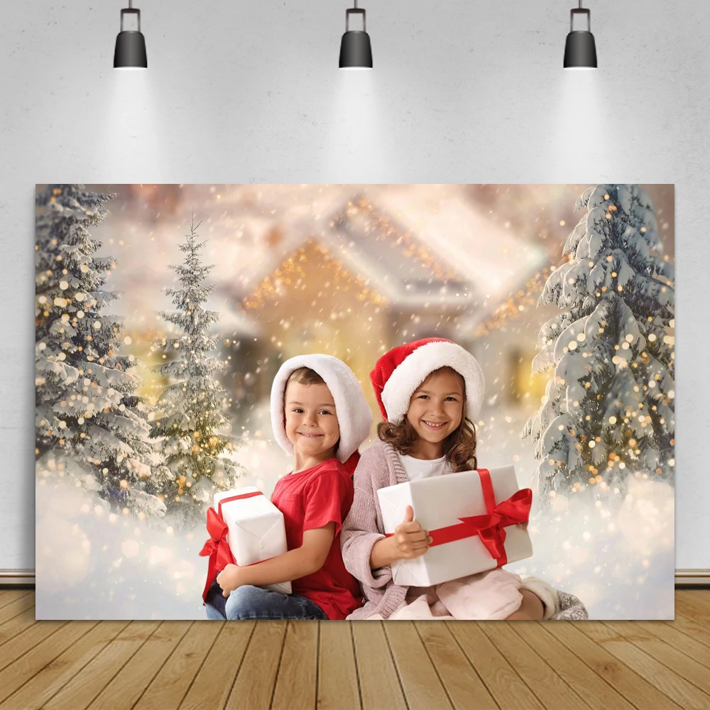 Laeacco Winter Backgrounds For Photography Snow Pine Village Yard Merry Christmas Doll Child Scenic Photo Backdrop Photo Studio