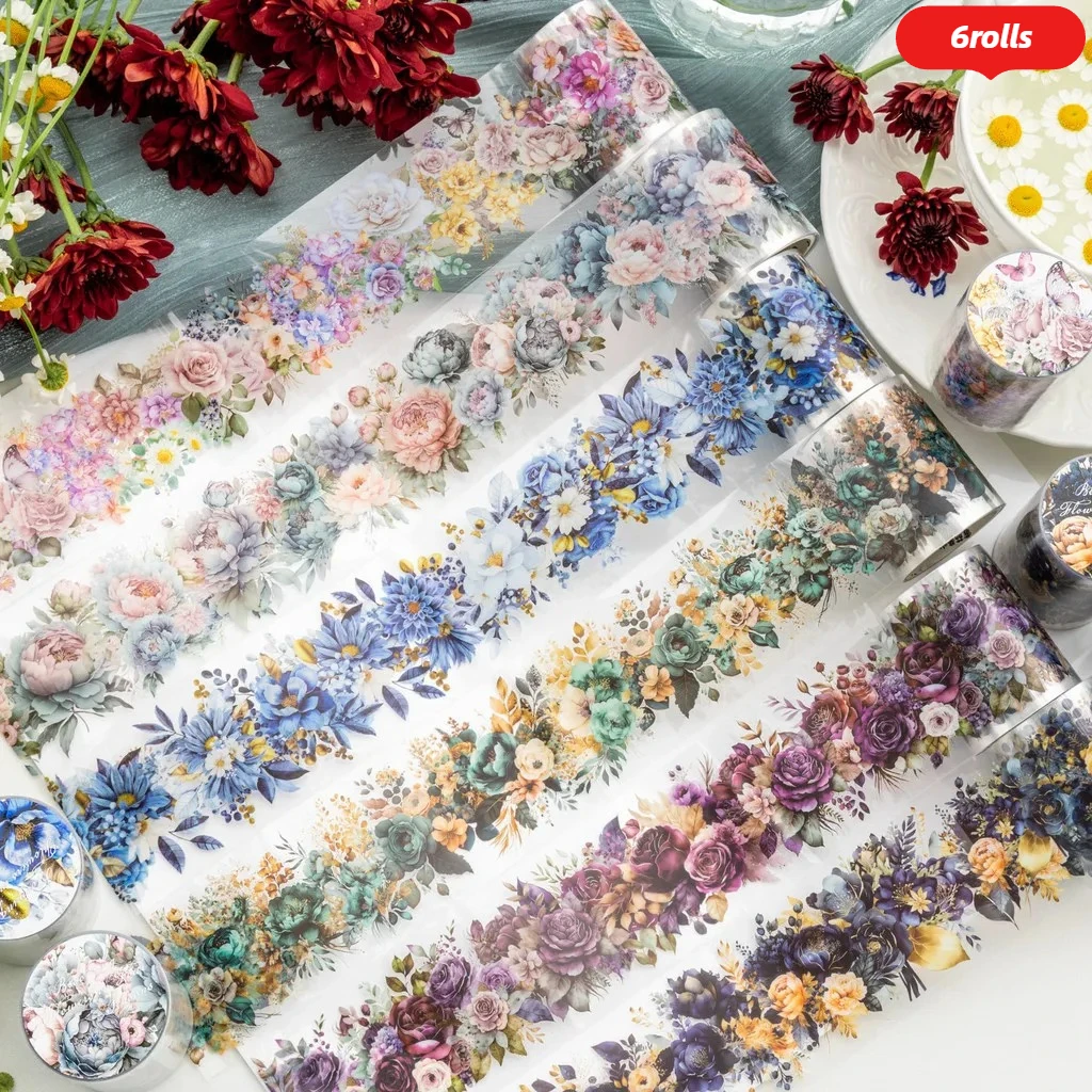 

Journamm 6rolls Flower Tapes Decor Junk Journal Collage Photo Album DIY Scrapbooking Cute Stationery Embelishment Tape Stickers