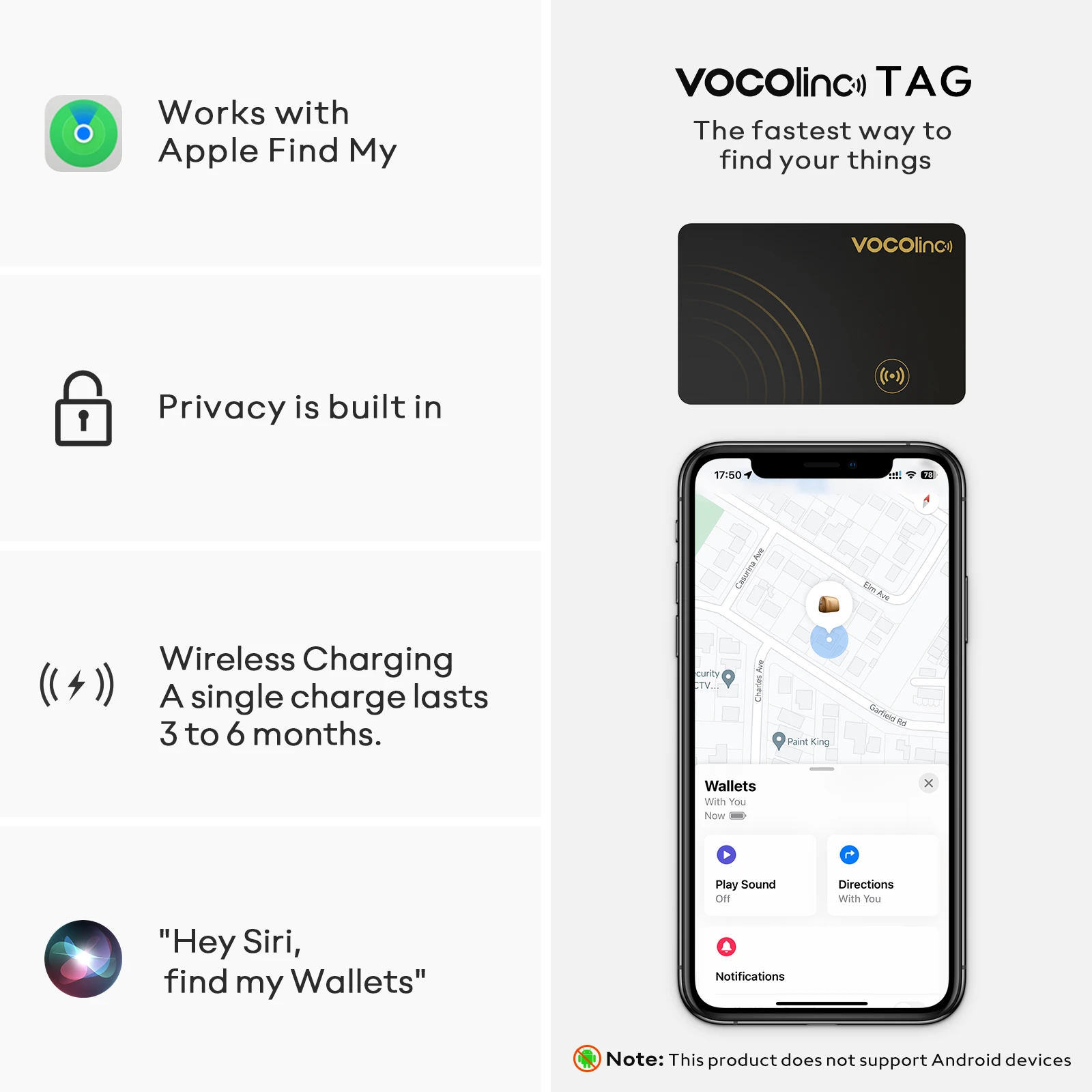 1Pcs VOCOlinc Wireless Charging Wallet Tracking Card Tag, Smart Bluetooth Car Locator, Item Finder, Use with Find My (iOS Only)