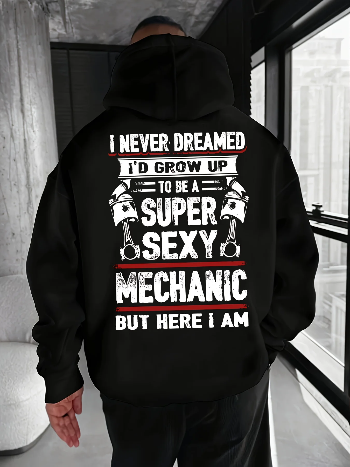 Men's Mechanic Pattern Hoodie - Fun and Super Cool Mechanic Slogans and Tool Designs (Wrench, Screwdriver, Car) - Brown Casual Pullover with Kangaroo Pocket and Drawstring Hood - Classic Black Pullover with Kangaroo Pocket
