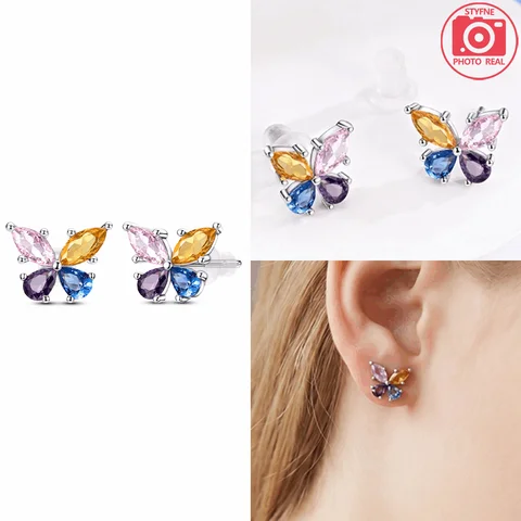 925 Sterling Silver Colorful Butterfly Earrings Women Fit Earrings Women Stud Earring For Anniversary Wedding Jewelry Gifts