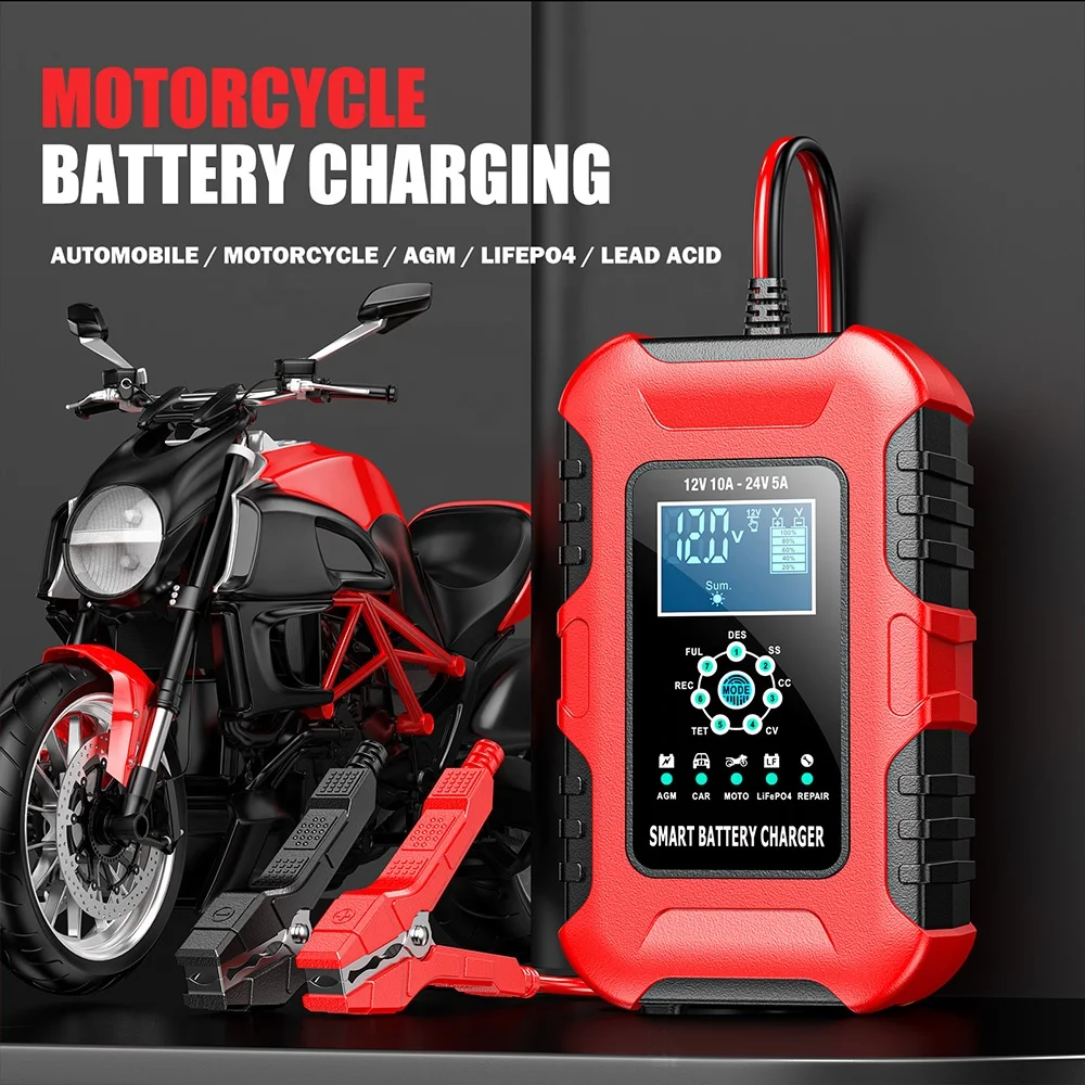 for universal car FOXSUR FBC122410D Smart 12V/10A 24V/5A Car Battery Charger Automobile Battery Voltage Tester