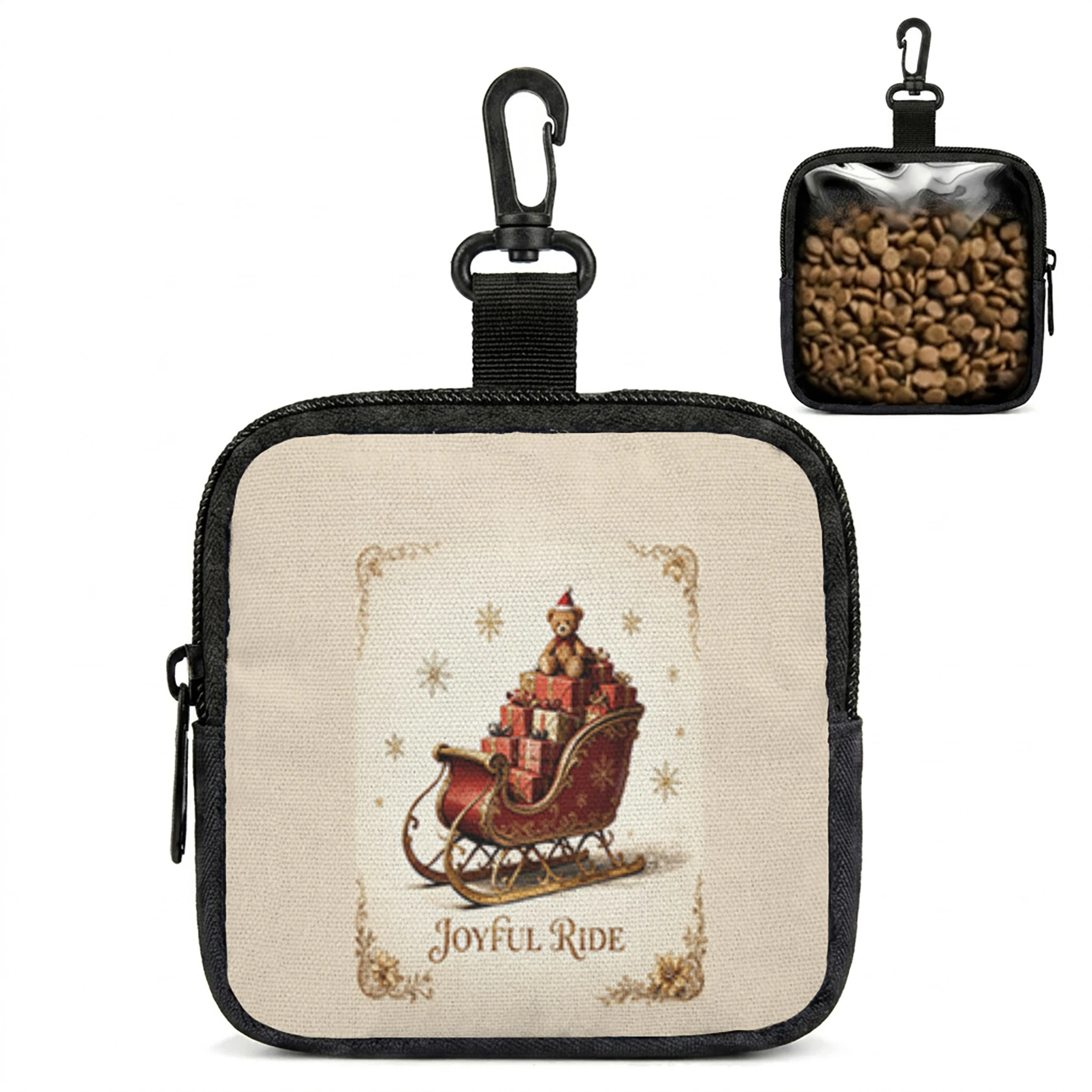 Christmas Sleigh Teddy Bear Gift Print Pet Treat Bag Mini Zipper Pouch With Carabiner, Portable Dog Snack Pouch