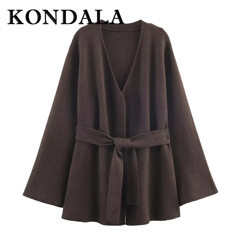 

KONDALA Vintage Brown Belt Women Winter Casual Long Cardigans Chic V-Neck Fashion 2025 Elegant Female Sweater Autumn Outwear