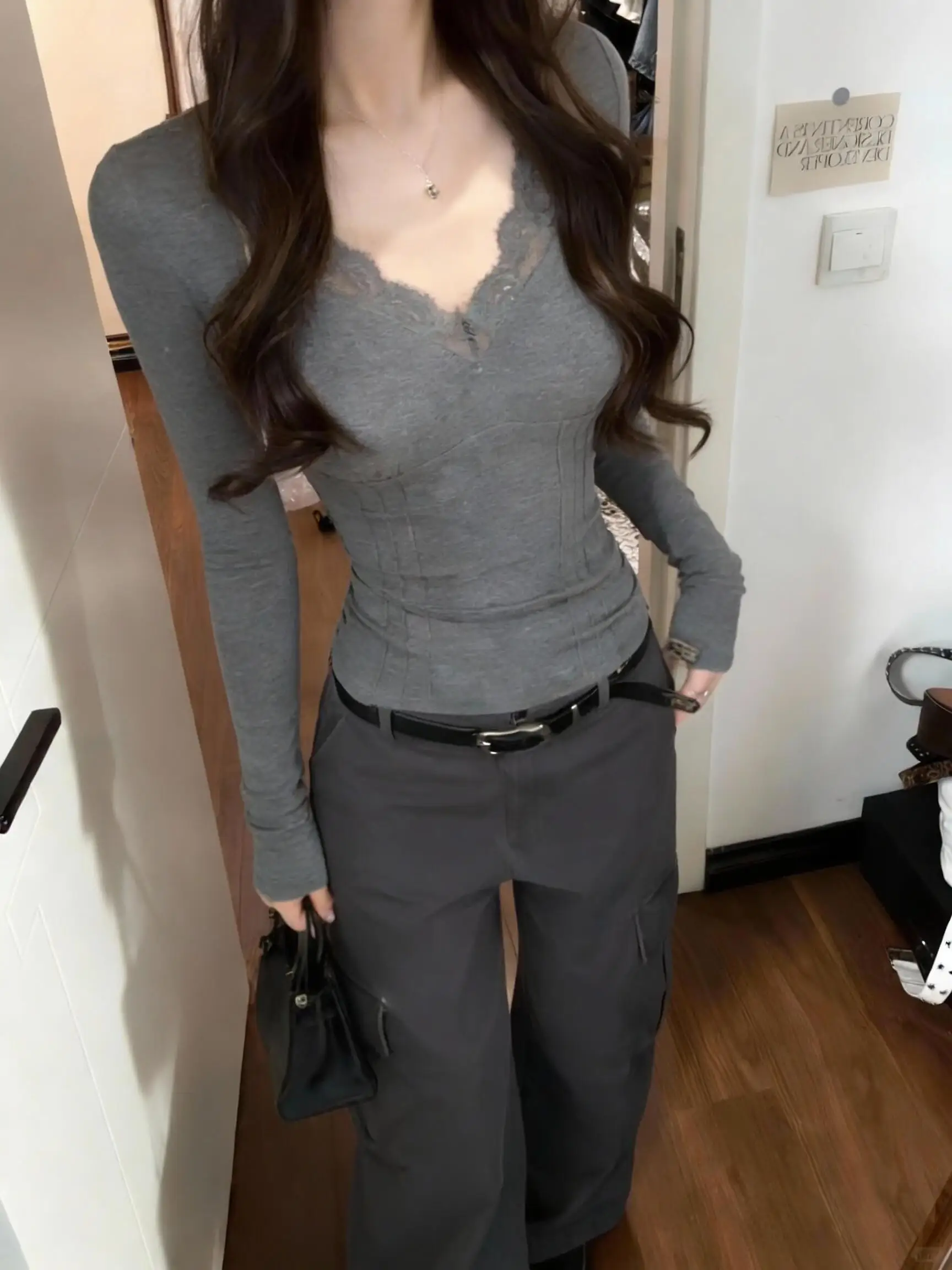 아메리칸 슬레 롱 슬리브 레이스 패치워크 티셔츠 여성용 초봄 BM 슬림핏 이너웨어 싱글 숄더 탑 시 워크