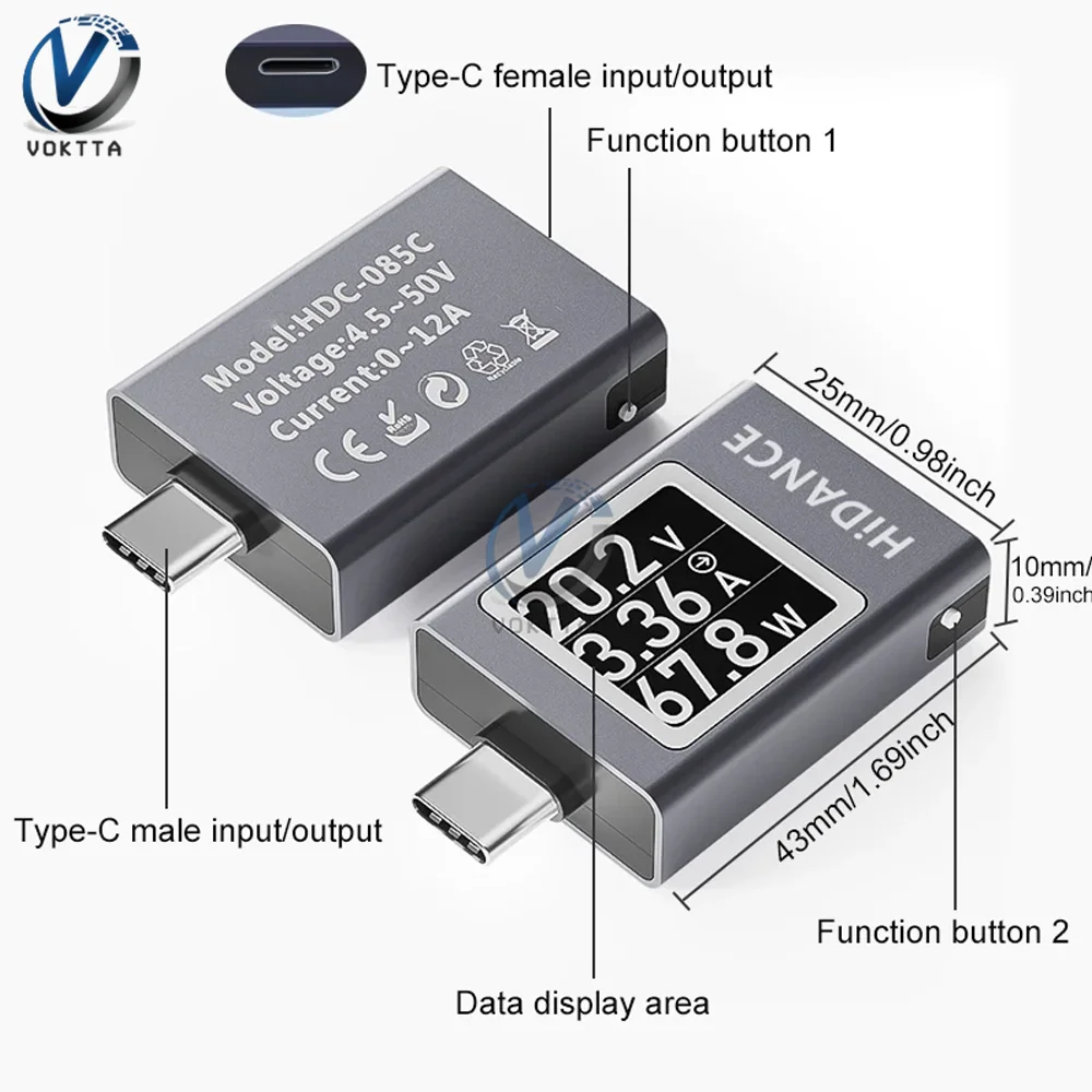 New USB Tester Voltmeter Ammeter Multi-function Type-C Fast Charging Tester Voltage Current Meter Power Detector DC4.5-50V 0-12A