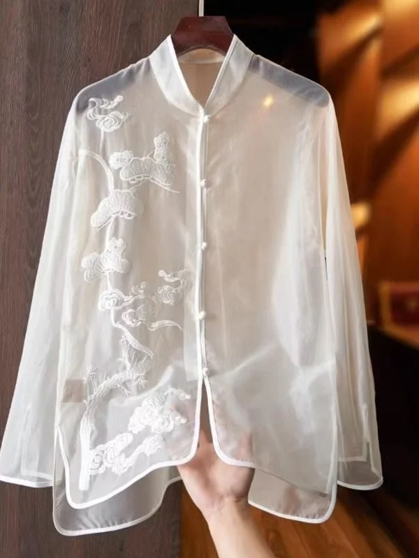 

New Chinese Style Men's Embroidery Shirt Heavy Industry Thin Sun Protection Tops Vintage Street Fashion y2k Stand Collar Jacket