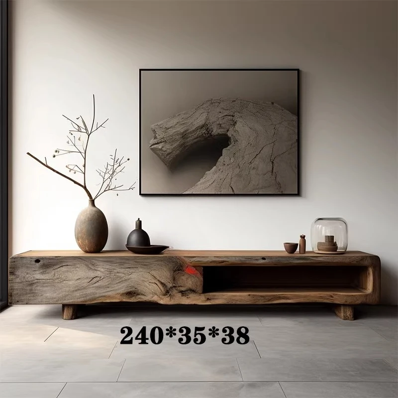 2024 new TV cabinet simple modern wabi sandy wind advanced sense log storage cabinet solid wood locker integrated