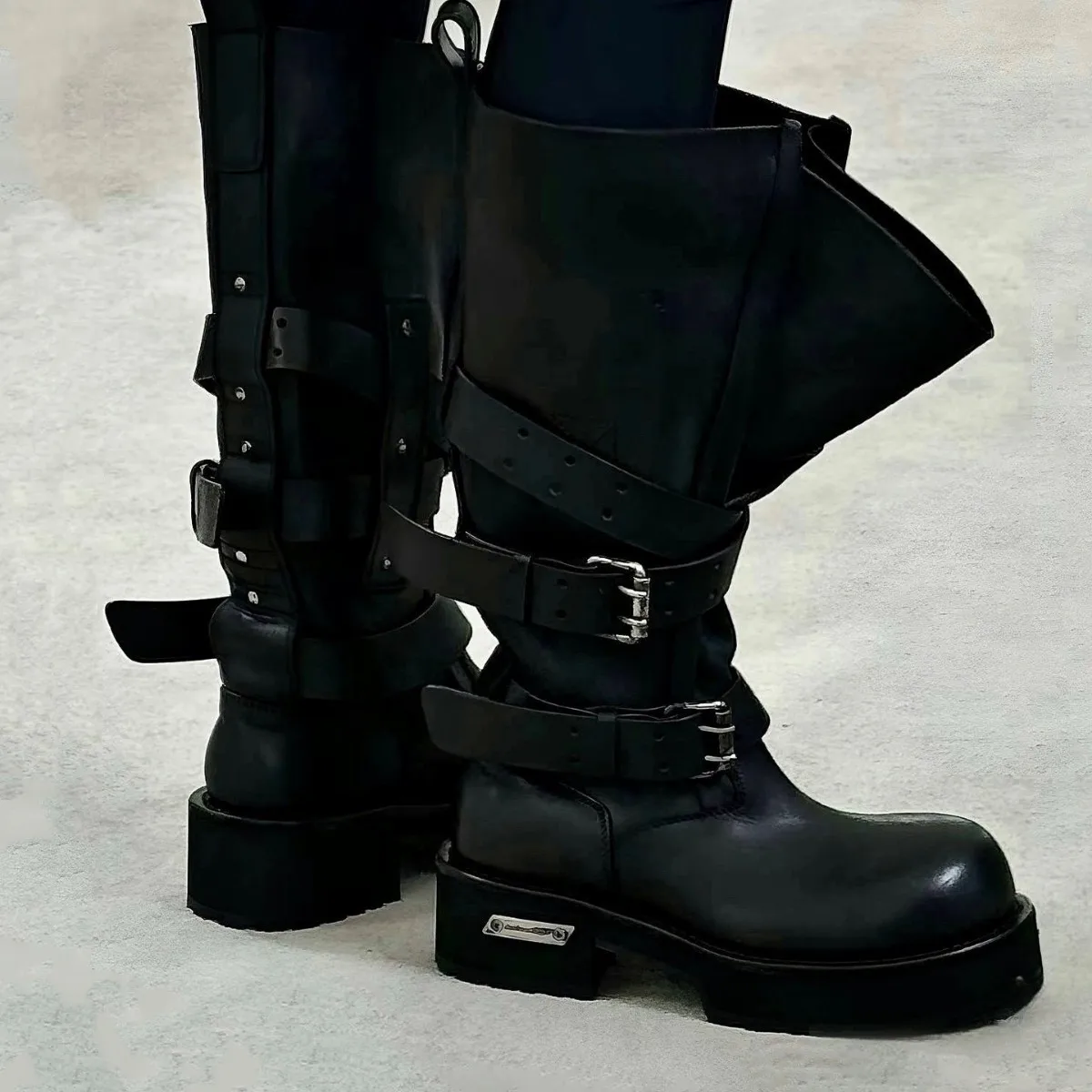 

Ladies Black Leather Buckle Strap Boots High Top Thick Sole Edgy Style For Women Fashion Motorcycle Boots