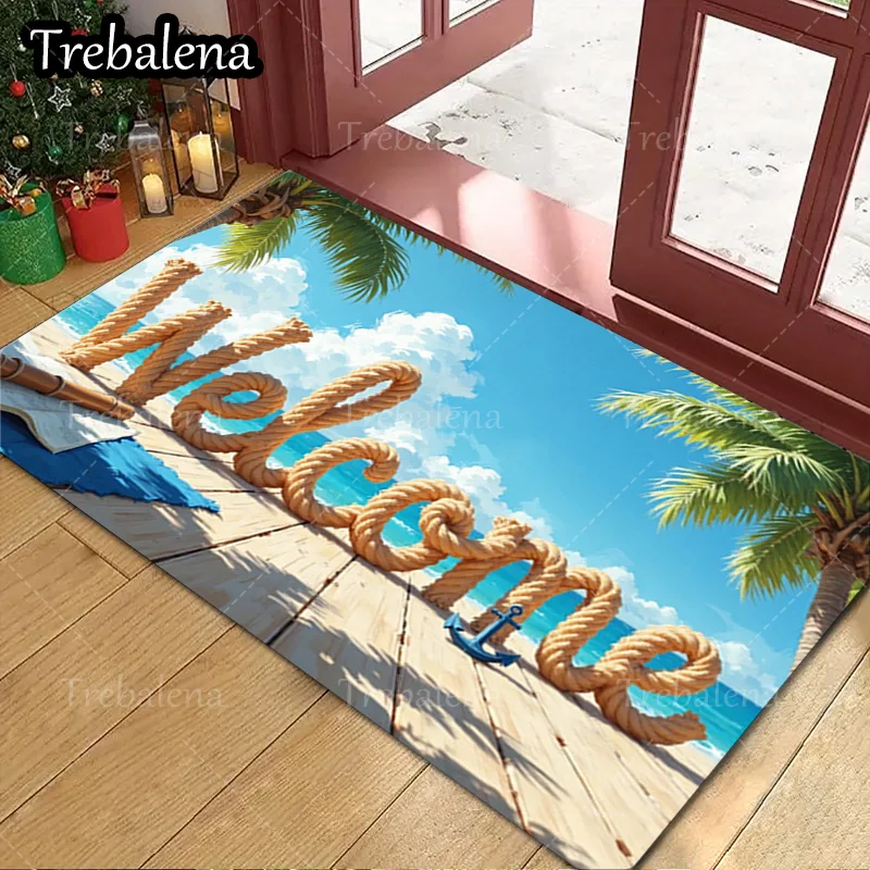 

1pc Welcome Door Mat Beach Welcome Rope Mat Palm Tree Anchor Design Floor Rug Home Decor