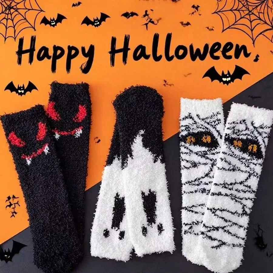 

2 пары теплых носков средней длины из кораллового флиса на тему Хэллоуина с противоскользящим дизайном для тепла, подходят для мужчин и женщин