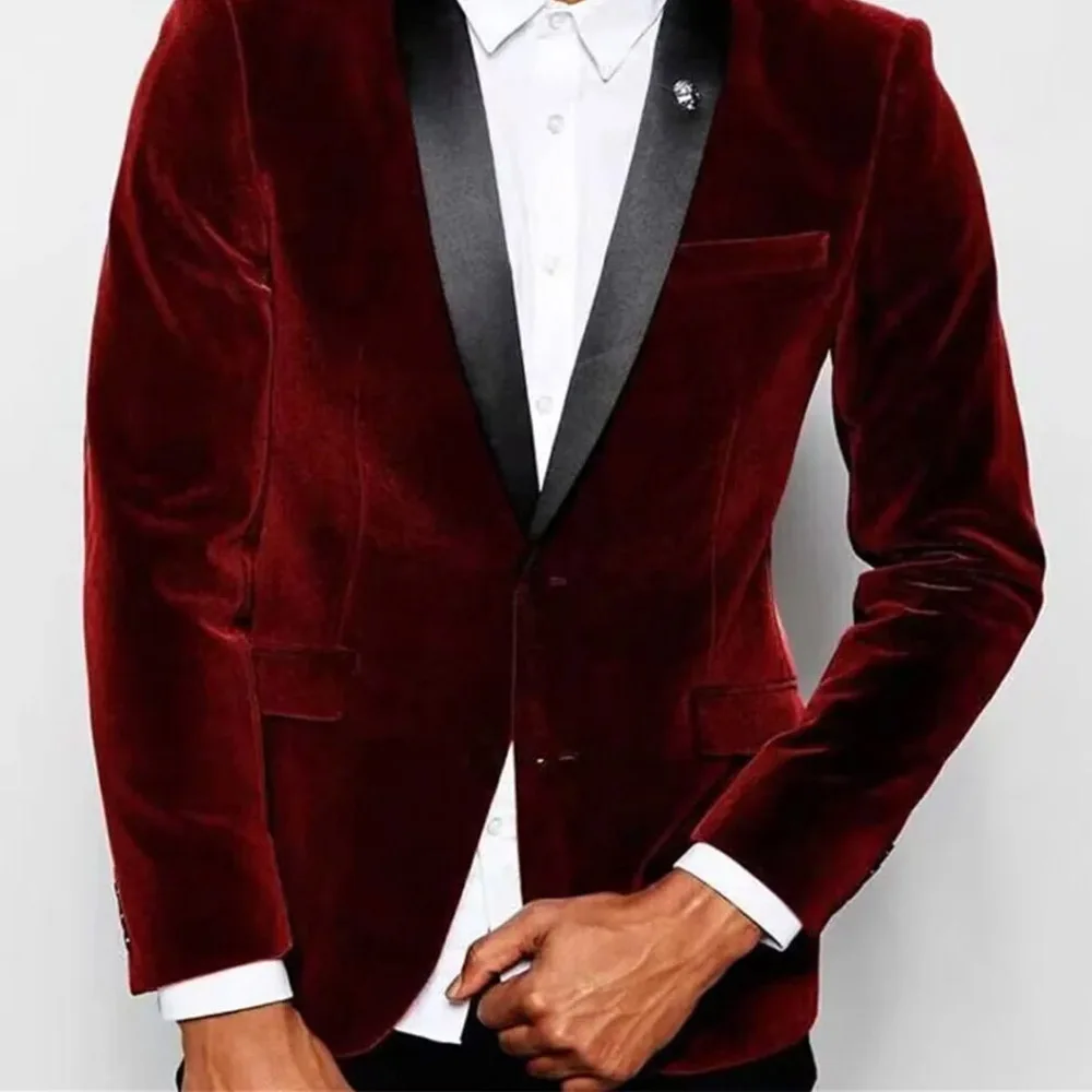 Burgundy Men\'s Blazer Formal Jacket Velvet One Piece Black Shawl Lapel Single Breasted Slim Fit Male Coat Prom Party Costume