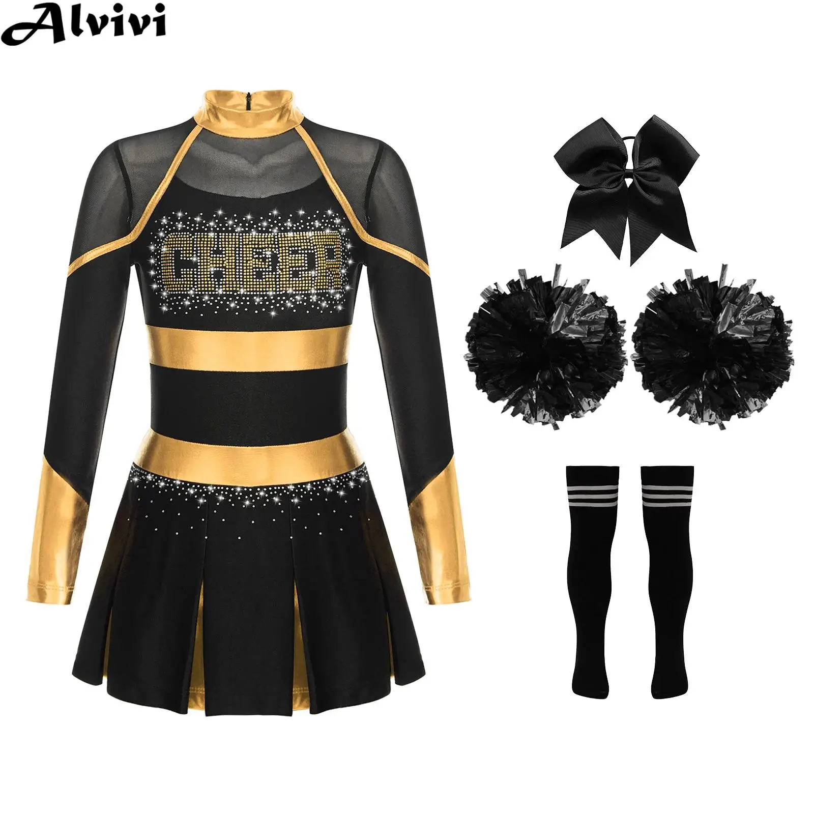 6-16Y Girls Cheerleading Dance Costume Long Sleeve Dress with Headwear Hand Flowers Socks School Party Sports Meet Dancewear