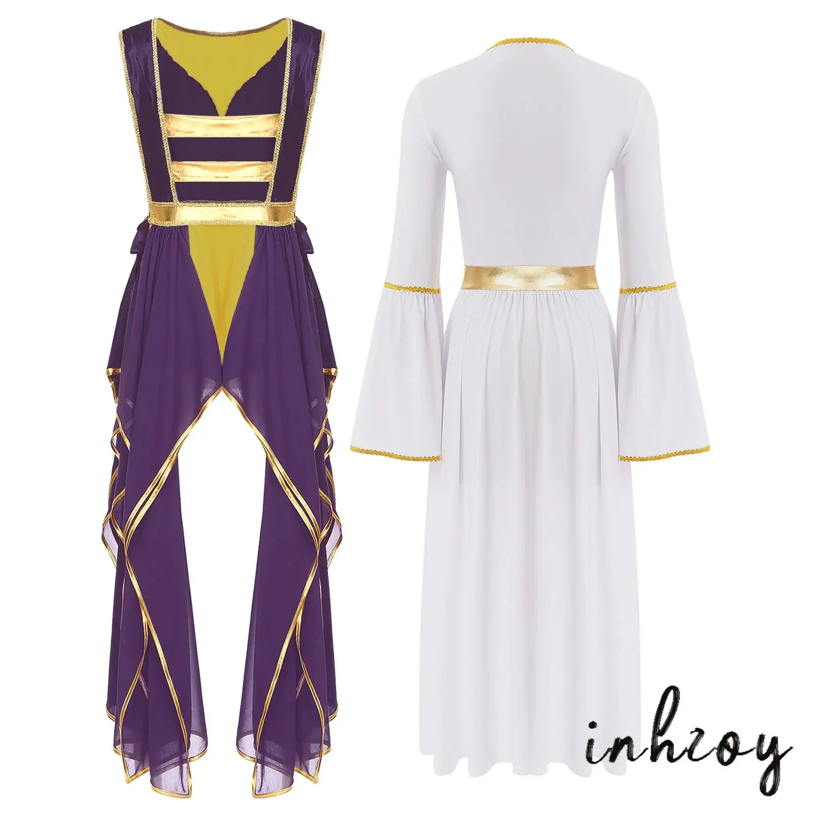 

Women Retro Greek Rolaplay Dress Praise Dance Set Long Sleeve Gold Trim With Patchwork Sides Split Lace-up Tunic Worship Dance