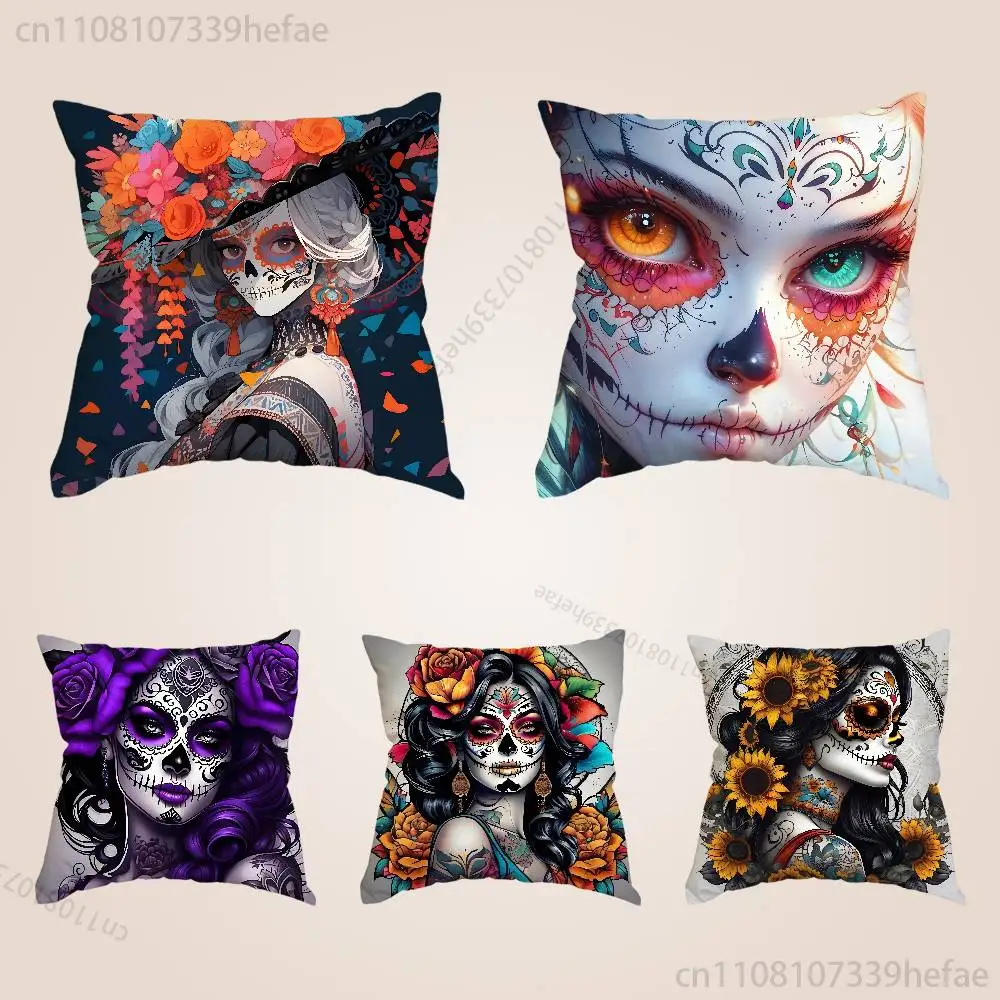 

Skull Girl Catrina Funny Pillow Case Anti-dustmite Pillowcase Invisible Zipper Silky Short Plush Sofa Cushion Cover
