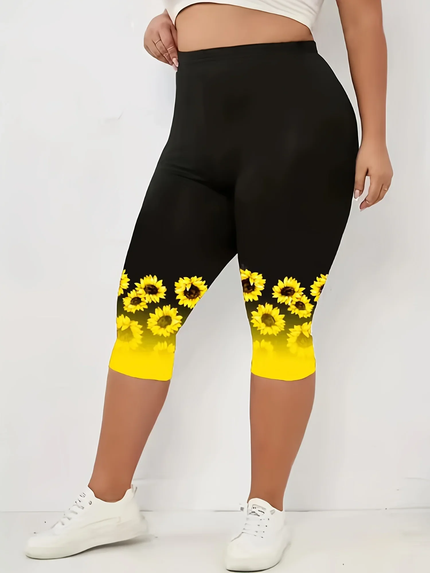 Women\'s Plus Size 1XL-5XL Summer Fashion Sunflower Print Leggings Fitness Sports Seven Point Leggings Casual  Yoga Leggings