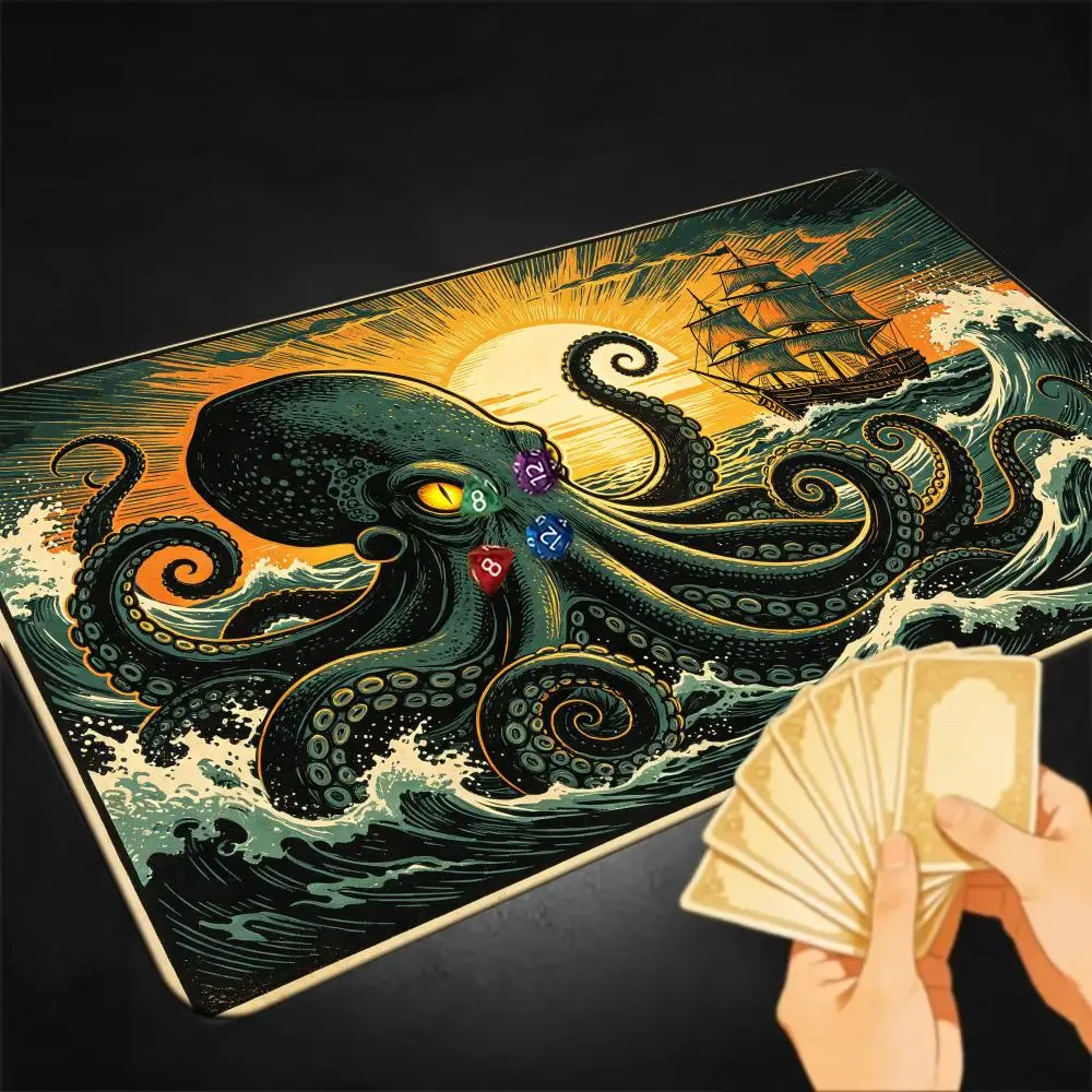Kraken Giant Octopus Vintage Woodcut Sea Wave Sailing Ship TCG Playmat Ocean Monster Premium Rubber Large Gaming Desk Mat