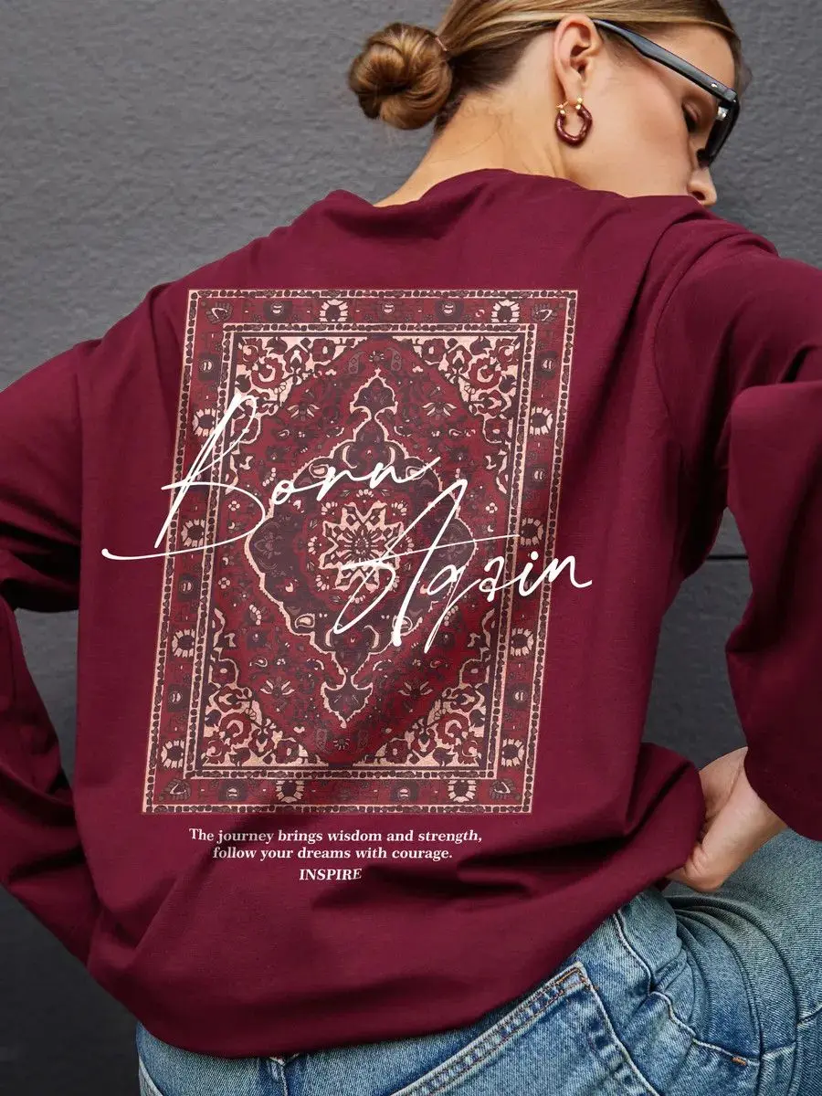 Chemises rouge vin au Design de rue russe, hauts graphiques imprimés au dos, en pur coton, à manches longues, amples