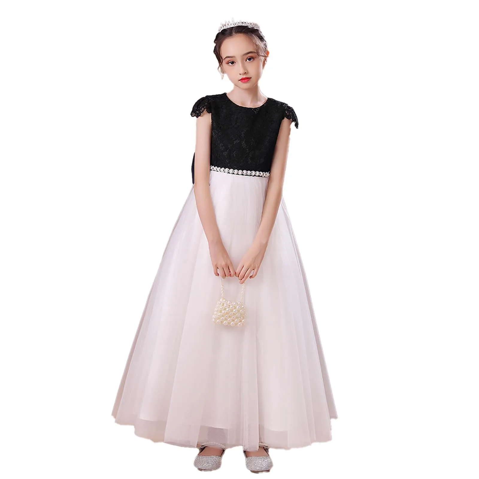 YZYmanualroom Flower Girl Dress Junior Bridesmaid Dress Lace Wedding Pageant Gown for Birthday Party Black 4-15T