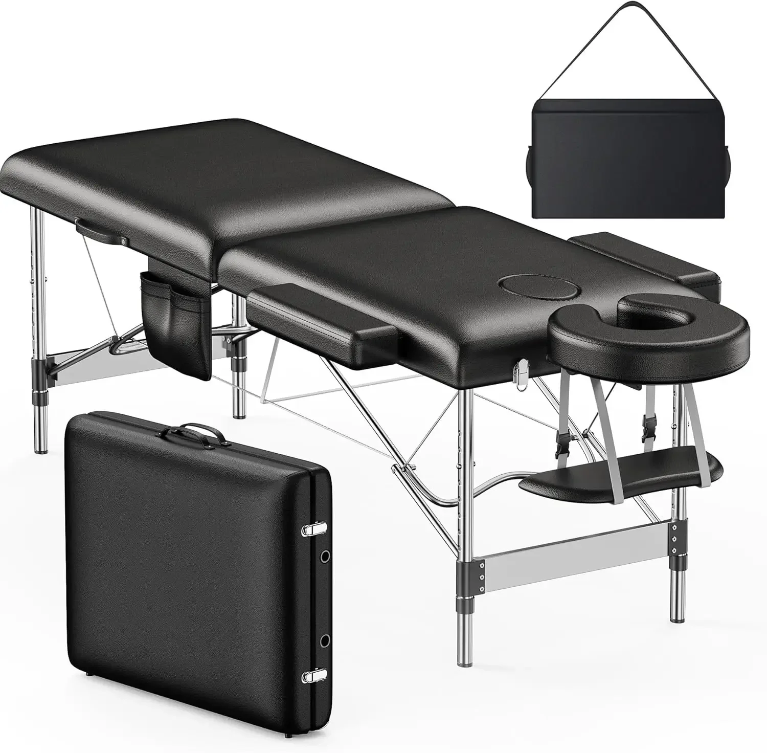 Mesa de masaje portátil, cama de pestañas de 2 pliegues con bolsillo lateral, altura ajustable, marco de aluminio resistente, cama Facial de spa para esteticista