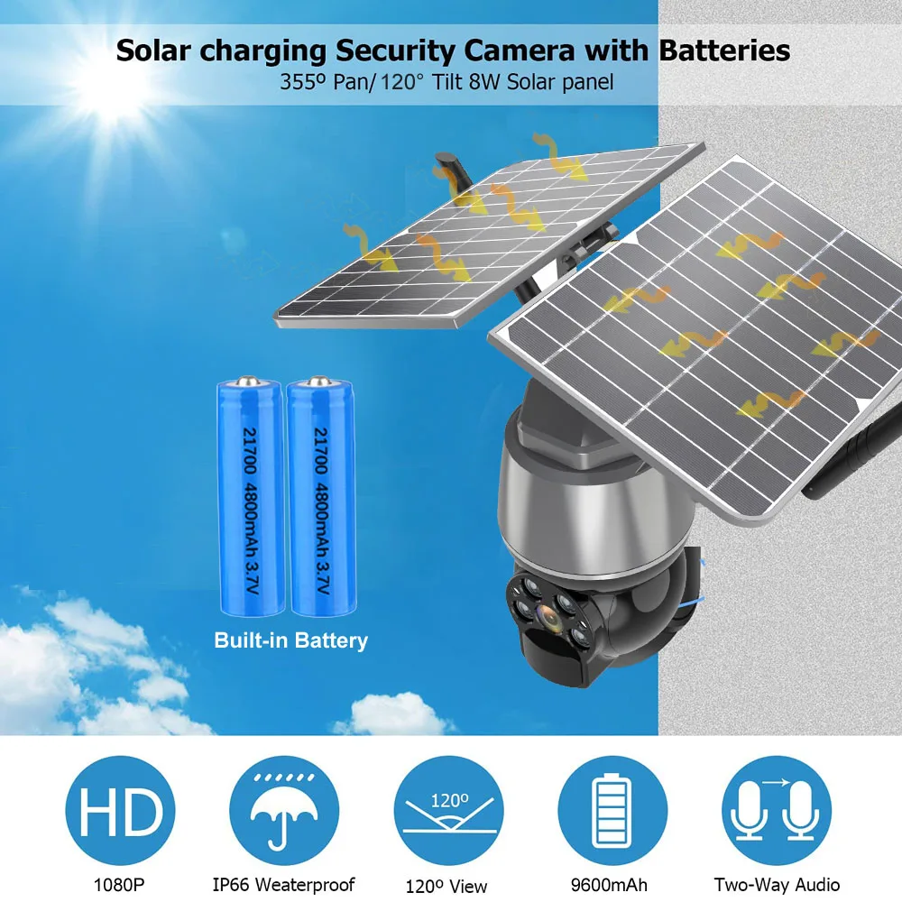 4G Solar PTZ Camera Wireless Solar IP Camera 4mpBuilt-in Rechargeable Battery PIR Detect Two Way Audio Solar Camera CCTV IP Wifi