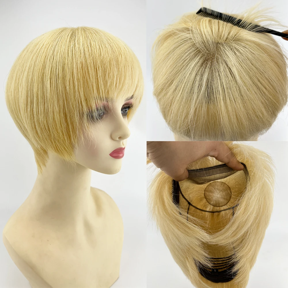 

Short Pixie Cut Wig With PU Front 613 Blonde Human Hair Wig for Women Full Lace Silk Base Virgin European Hair With Bangs