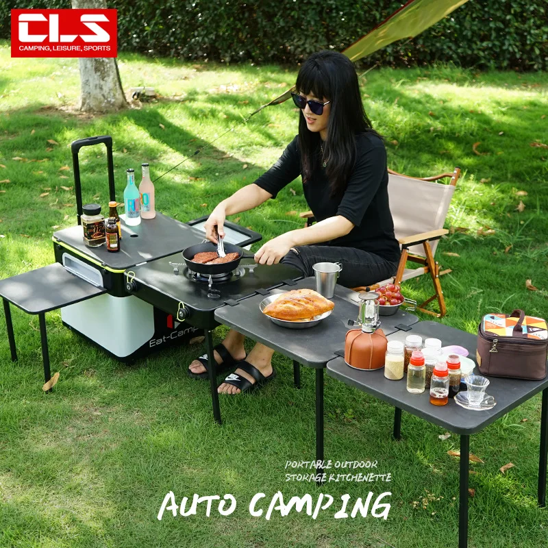 Stainless Steel Mobile Outdoor Kitchen Portable Stove Equipment Driving Self Camping Picnic BBQ Folding Cooking Table Grill