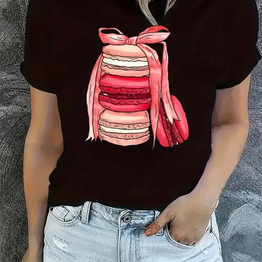 【New style】Macaron Cake Pattern Printed Women'S Trendy Short-Sleeve Easy Casual Sports T-Shirt Comfortable Summer Top for Holid