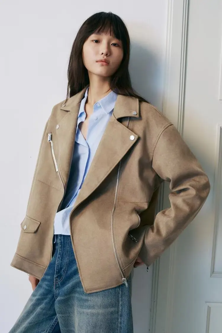 BB6847 2025 Autumn New Women's Fashion European and American Style Loose Edition Suede Effect Collar Motorcycle Coat 3046284