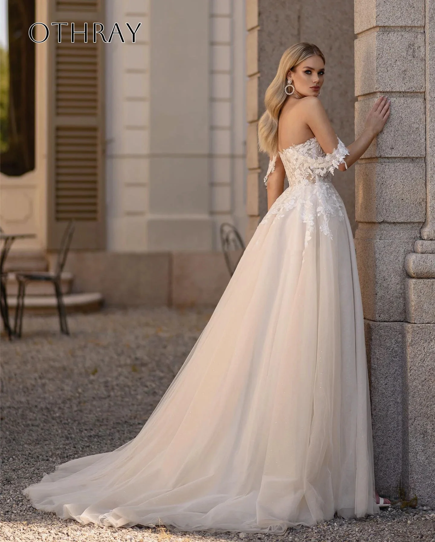 Lace A-line Off Shoulder Bridal Wedding Gown Split Tulle Sweep Train Customized свадебное платье