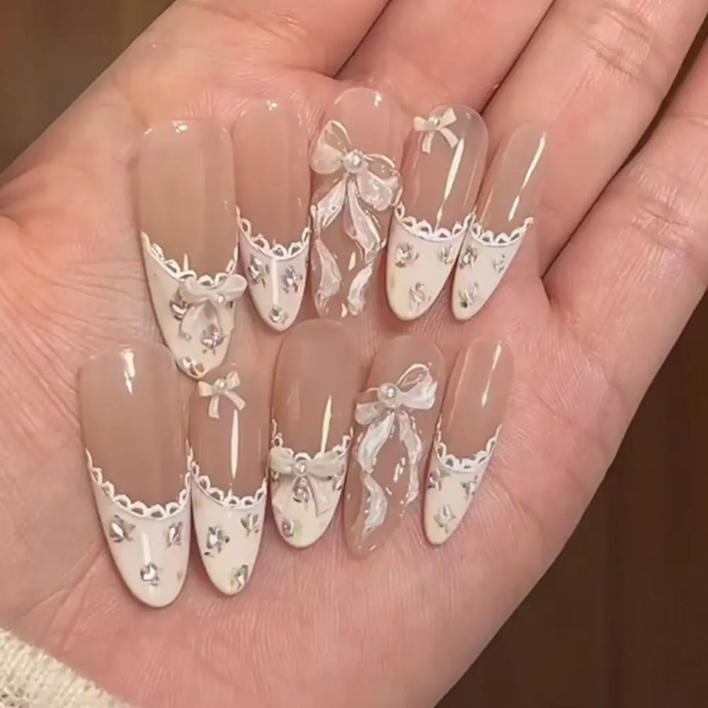 Manicure longo amêndoa unhas falsas francês destacável unhas falsas dicas de unhas diy