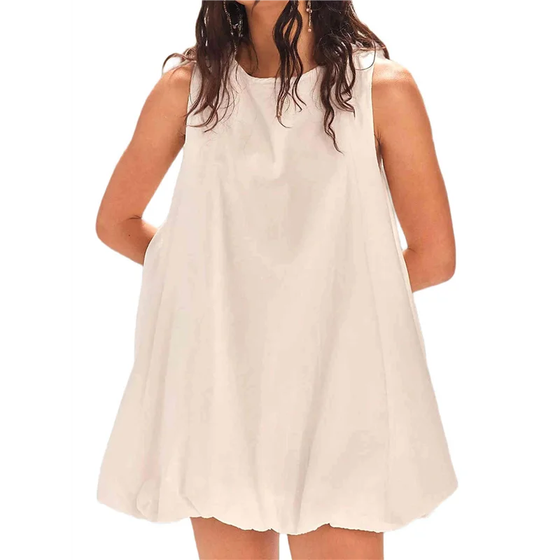 فستان ABP-Mini للنساء صيفي بدون أكمام وربطة عنق خلفية بدون أكمام فستان قصير برقبة دائرية مع جيوب