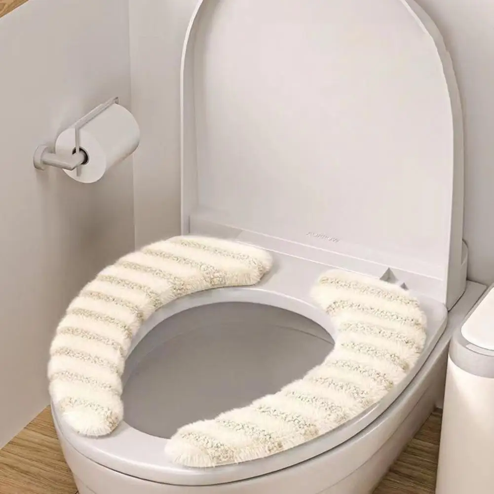 Warm Toilet Seat Cover Toilet Seat Cushion 1 Pair Plush Toilet Mat Set Thickened Striped Bathroom Rug Warm Soft Seat Protector