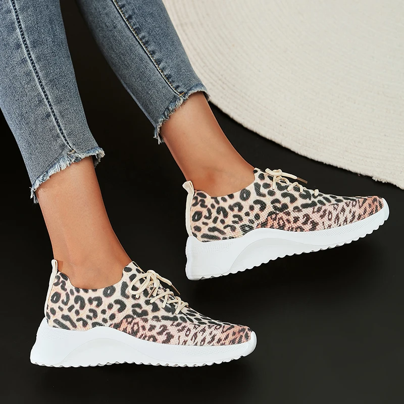 Fashion Leopard Knitted Sneakers for Women 2023 Autumn Slip On Walking Shoes Woman Lightweight Casual Sport Sneakers Plus Size