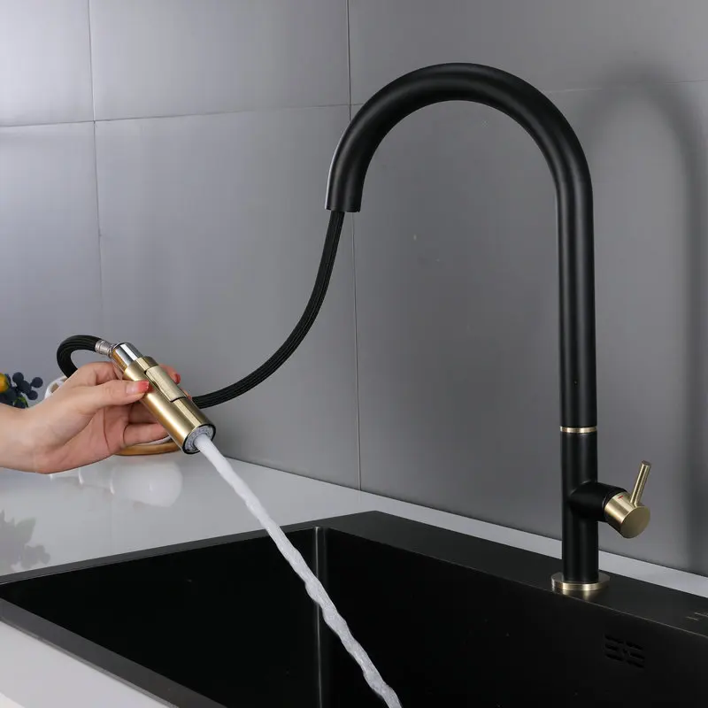 

Brushed gold and Black Brass Kitchen sink faucet Pull Out Hot Cold Kitchen mixer Tap Modern Design One Hole One Handle