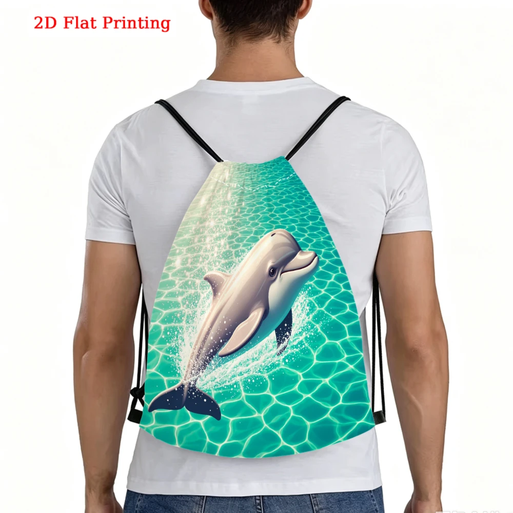 2D Flat Printing, Drawstring Backpack, Dolphin Ocean Pattern, Gym Sports Bag, Outdoor Travel Drawstring Pack