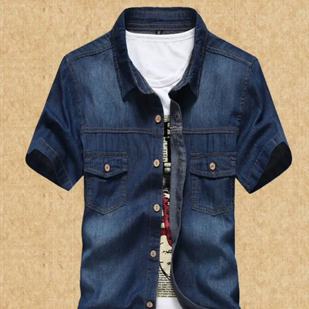 Men's Denim Shirt 2024 Summer New Loose Trend Versatile Lapel Short Sleeve Design Single Breasted Double Pockets Top