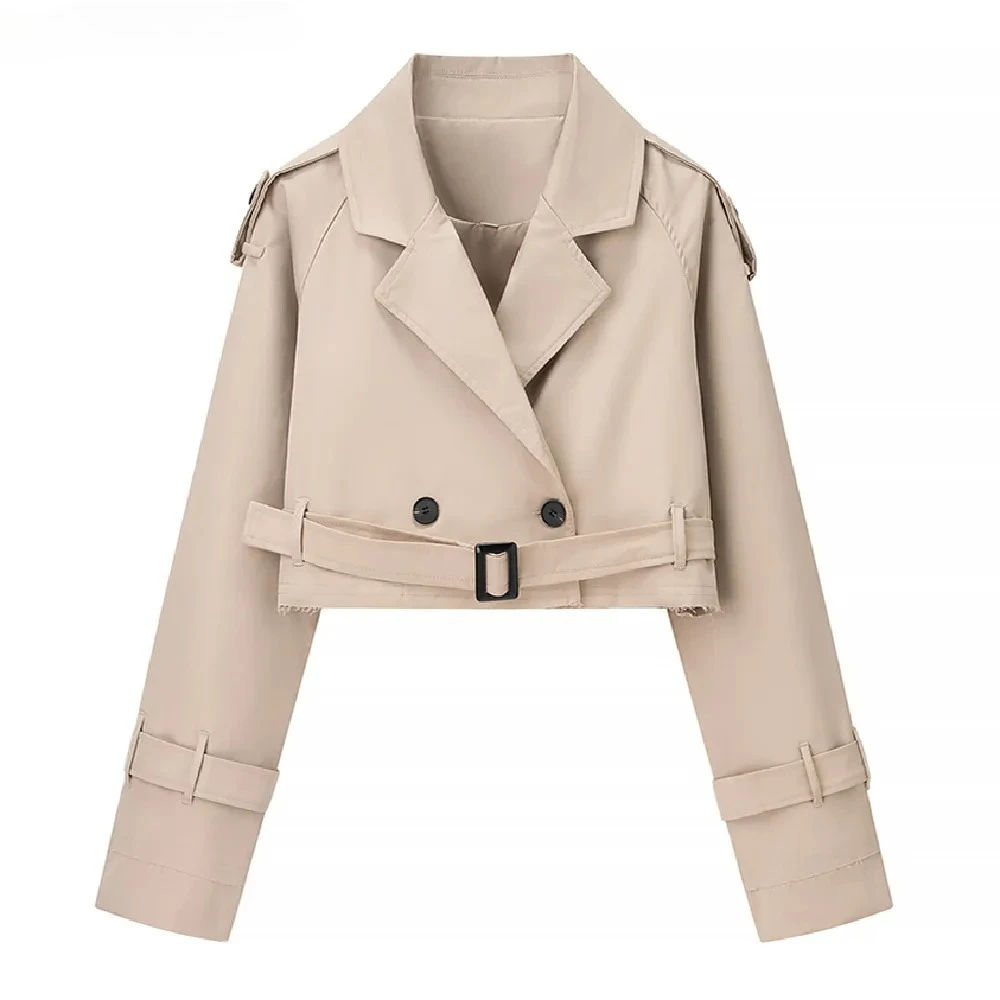 

2025 Autumn Women Khaki Notched Fringed Belt Hem Safari Coat Front Buttons Full Sleeve Loose Jacket Short Oversized Outerwear