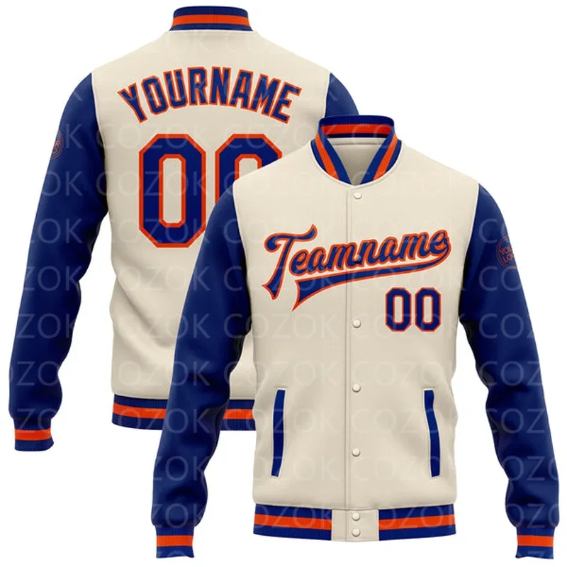 Personalizado creme 3D impresso beisebol botão jaqueta, bombardeiro Letterman Varsity, Full-Snap