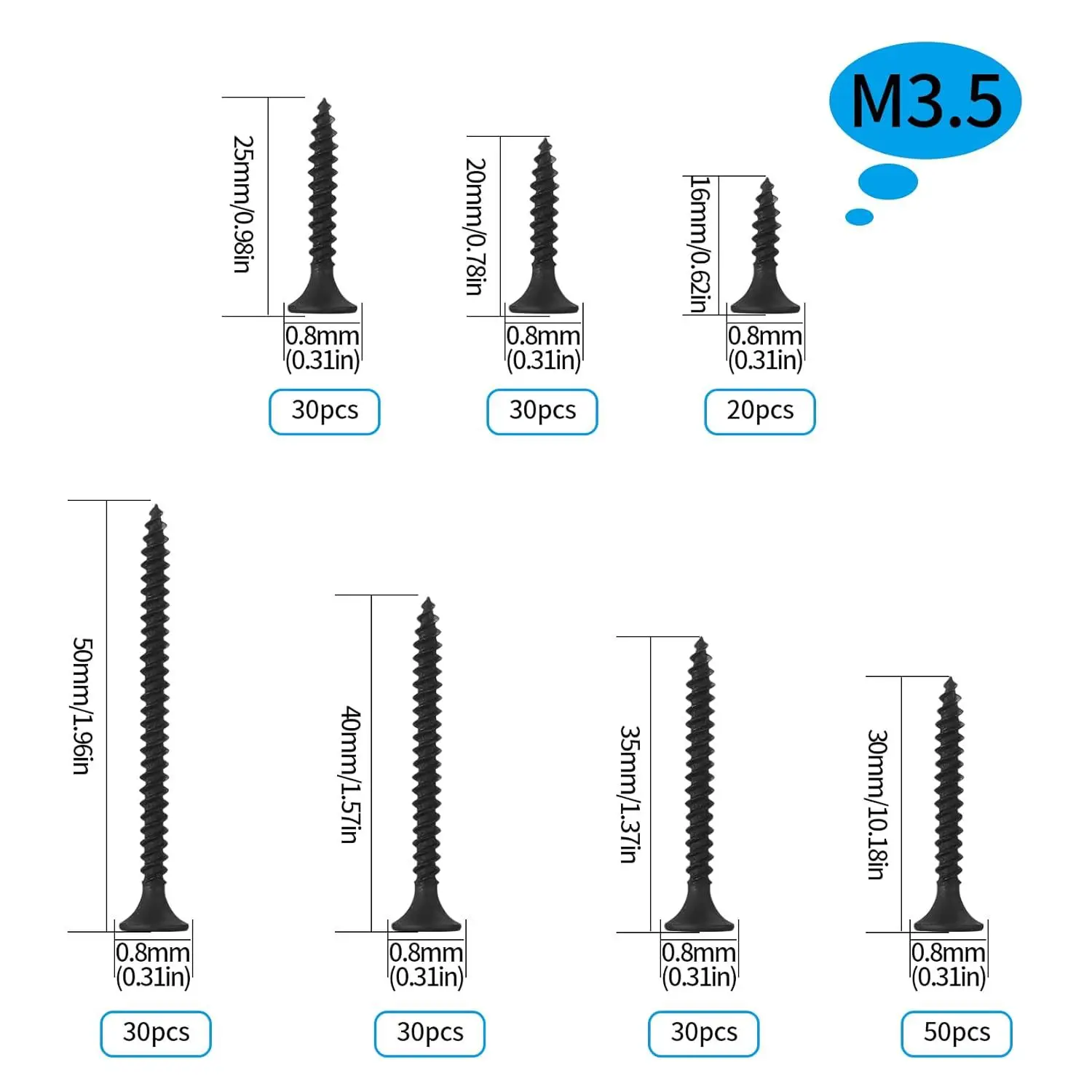 220-Piece Black Wood Screws Set Flat Head Self-Tapping Black Carbon Steel Screws M3.5 Handyman Tool Kit for Home Improvement