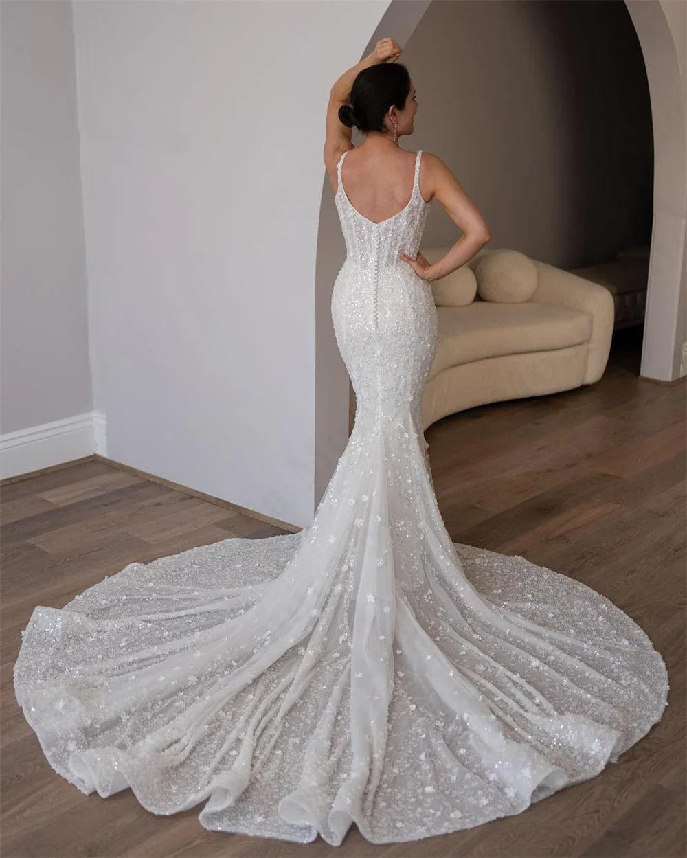 Elegante zeemeermin trouwjurk met vierkante hals en off-shoulder mouwloze appliqué bruidsjurk op maat vloerlengte gewaad 2025