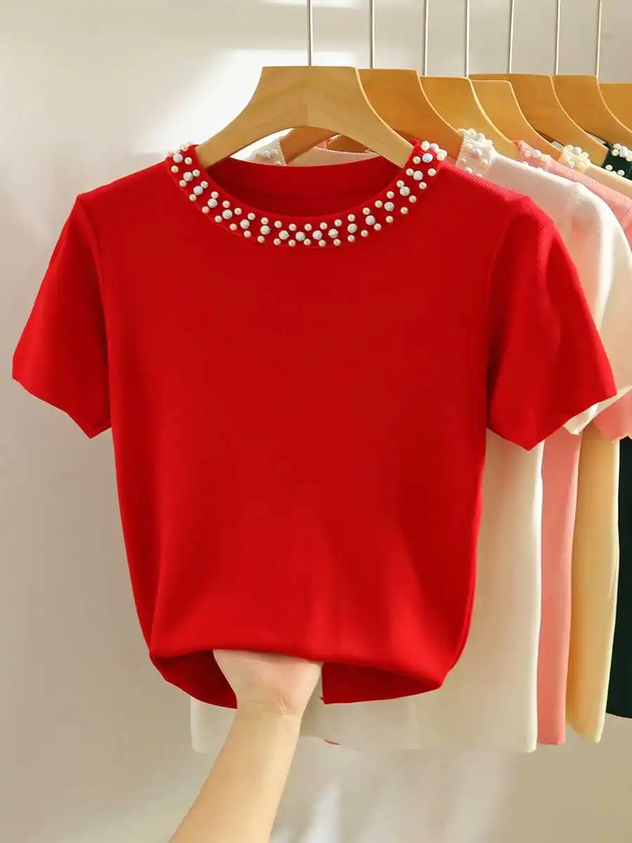Knitted Sweater Women Pullovers New Short Sleeve O-Neck Beading Knit Sweater Pullover Women Tops Sweaters Sueters De Mujer Q1291