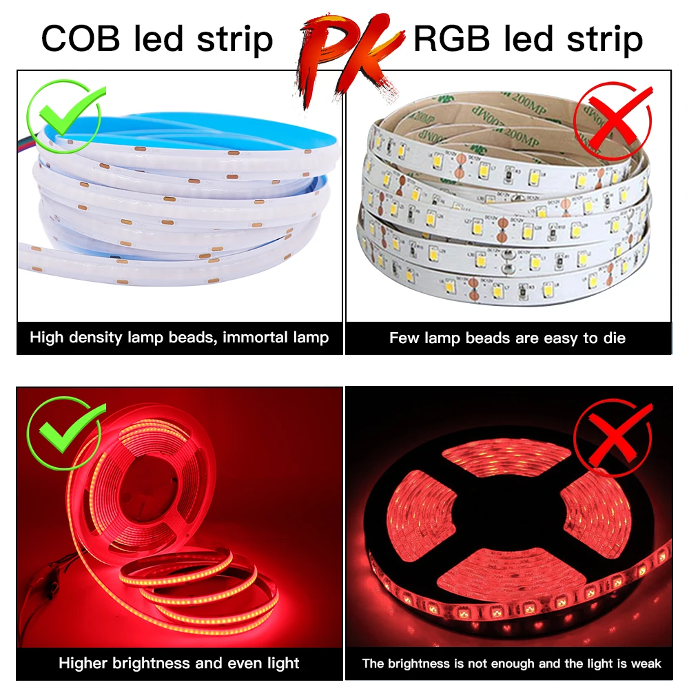 RGB COB Led Strip 12V 24V Super Bright 840LEDs/m Bluetooth App Remote Control 10mm PCB Width LED COB Strip Luminous Decoration