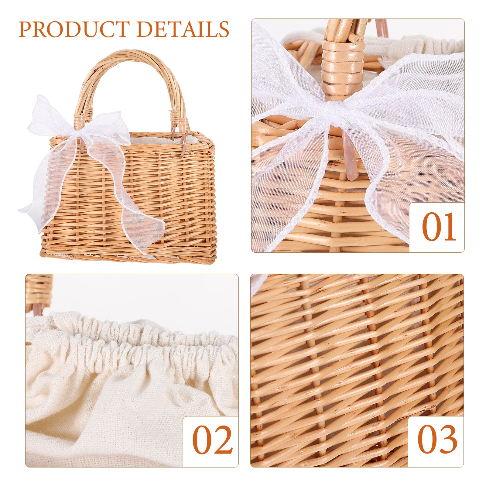 

Rattan Woven Handbag Fabric Drawstring Storage Tote Flower Wedding Decorative Basket Handmade Cotton Bohemian Style Wicker