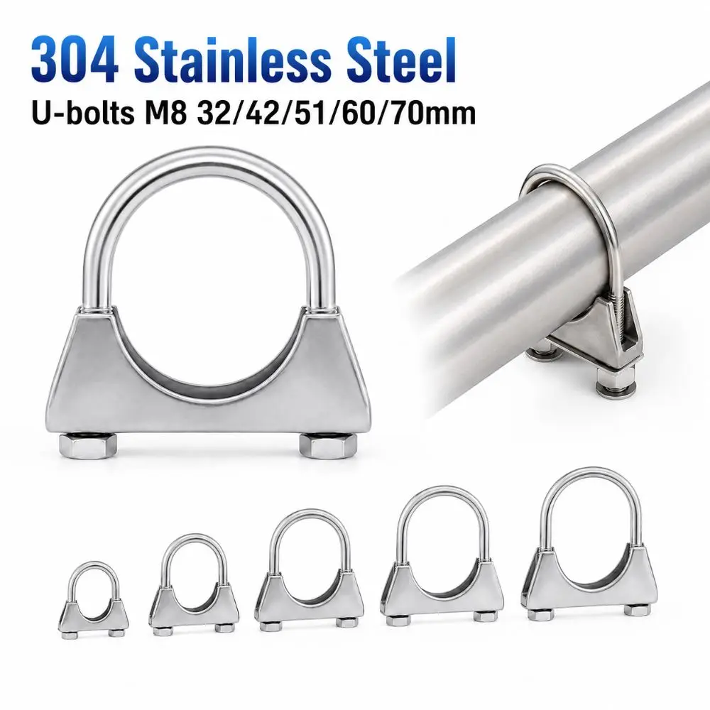 304 Stainless Steel Round Tube Steel Pipe Fastener M8 32/42/51/60/70mm Heavy Duty U-bolts Rust Resistant Durable