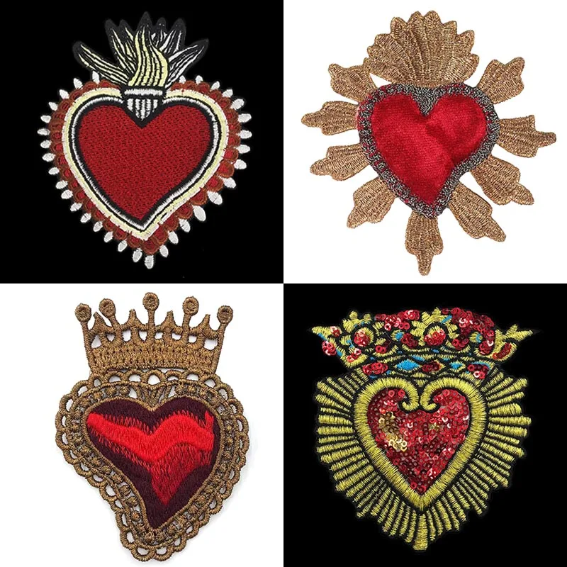 2Pcs Gold Sequin Sequined Crown Heart Pattern Patches Embroidery Applique Badges Clothing Decorated Crafts Sewing Badges