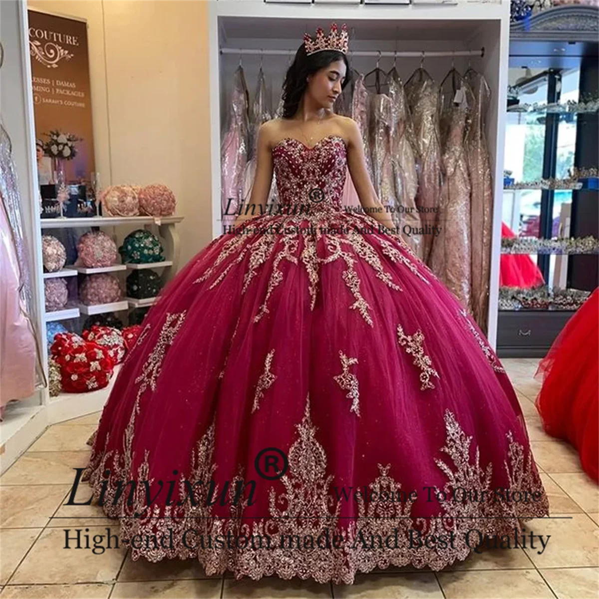 Gaun applique bourgne mewah jubah De Bal 15 Ans Quinceanera jubah Doux 16 Anniversary Robe De 15 Anos